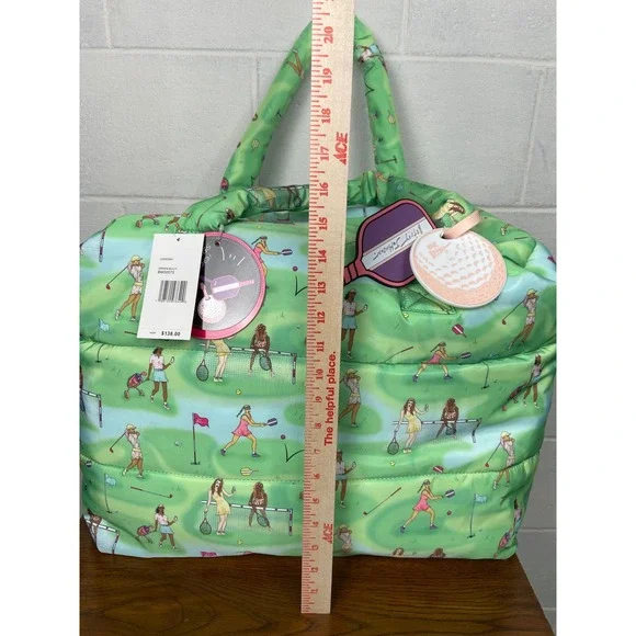 NWT Betsey Johnson Golf Tennis Print Puffer Large Travel Tote Bag Green Multi - Picture 6 of 13